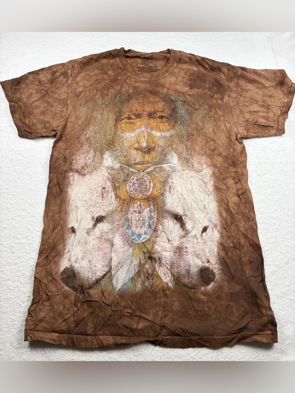 The Mountain Shirt Mens Small Brown Indian Chief And Wolves Tie Dye